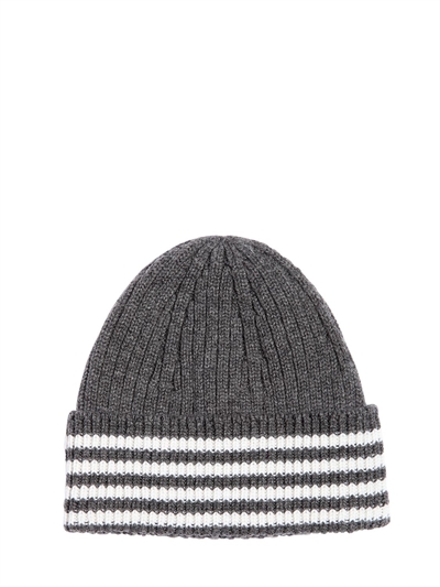THOM BROWNE CASHMERE WIDE RIB KNIT BEANIE HAT, GREY