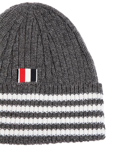 THOM BROWNE CASHMERE WIDE RIB KNIT BEANIE HAT, GREY