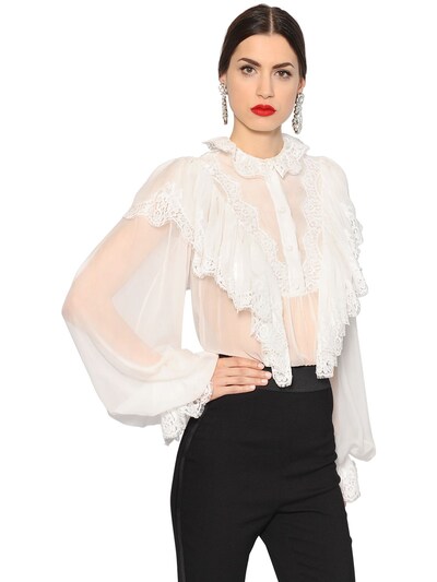 DOLCE & GABBANA RUFFLED SILK CHIFFON & LACE SHIRT, WHITE