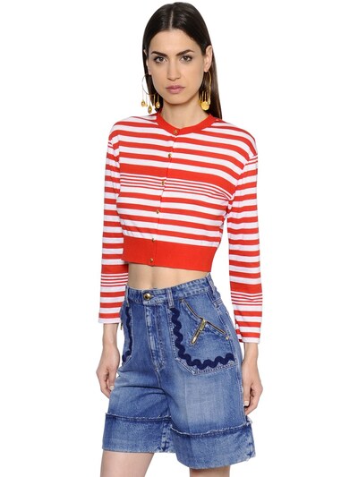 Sonia Rykiel Striped Cotton Knit Cropped Cardigan In Red,white