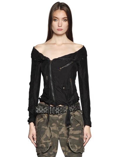 FAITH CONNEXION OFF SHOULDER WASHED SILK BIKER JACKET,65ID5G004-MDAx0
