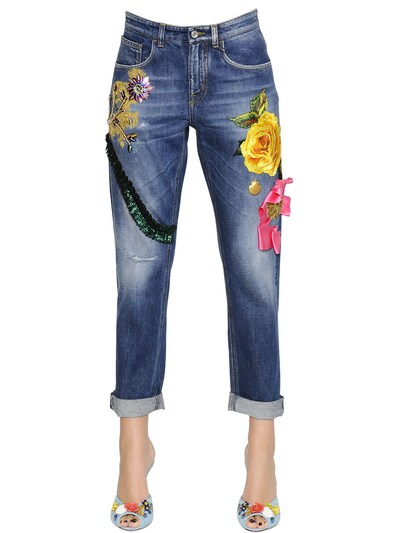 Dolce & Gabbana Embroidered Cotton Denim Jeans In Blue