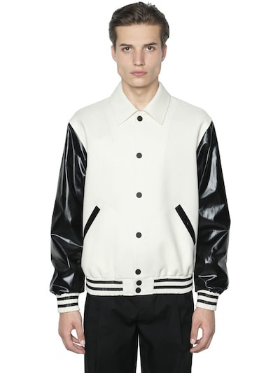 Calvin Klein Collection Faux Leather & Wool Bomber Jacket In Beige ...