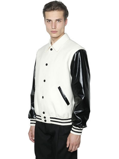 CALVIN KLEIN COLLECTION FAUX LEATHER & WOOL BOMBER JACKET