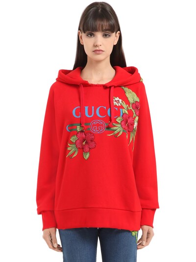 GUCCI EMBROIDERED & PRINTED COTTON SWEATSHIRT, RED