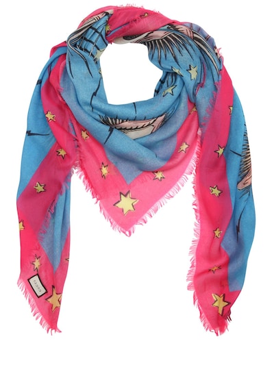 Gucci Eyes & Stars Fringed Scarf In Light Blue/pink