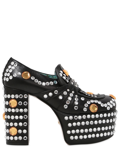 Gucci Crystal Studded Platform Loafer Pumps In Black