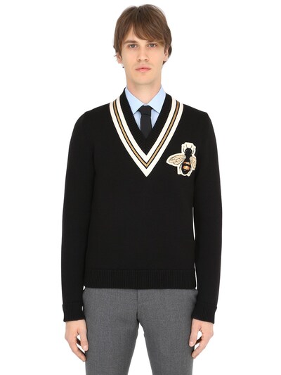 GUCCI BEE PATCH WOOL SWEATER, BLACK