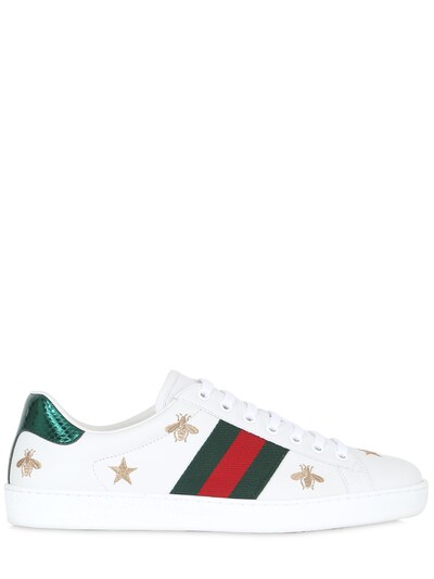 GUCCI EMBROIDERED NEW ACE LEATHER SNEAKERS, WHITE