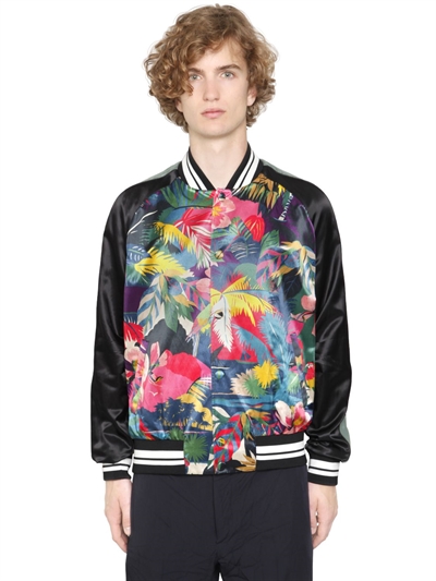 Valentino Tropical Print Satin Bomber Jacket In Multicolor