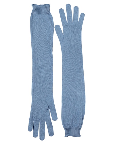 Rochas Silk Knit Long Gloves, Light Blue