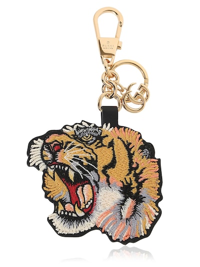 Gucci Embroidered Tiger Gg Supreme Key Holder In Yellow