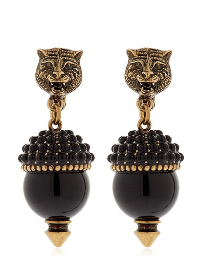 GUCCI TIGER HEAD EARRINGS W/ IMITATION PEARLS, BLACK