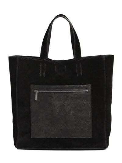 Calvin Klein Collection Suede Tote Bag With Leather Pocket, Black