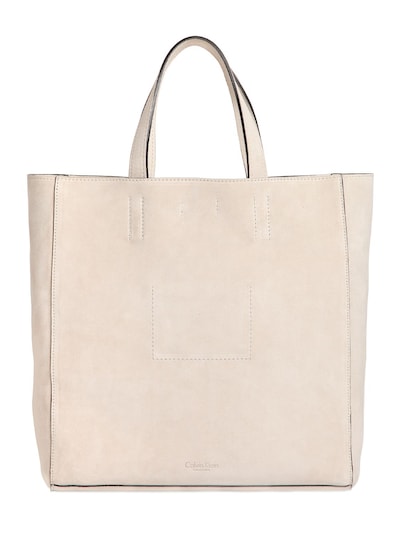 Calvin Klein Collection Suede Tote Bag With Leather Pocket In Cream ...