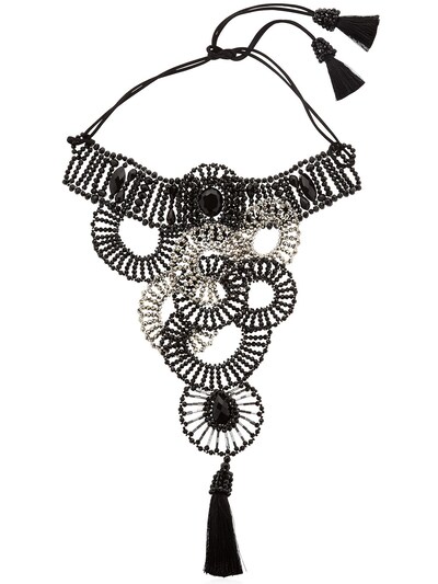 Nightmarket Circle Bib Beaded Tassel Choker Necklace In Black,silver