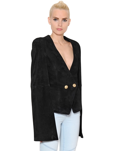 BALMAIN DOUBLE BREASTED SUEDE CAPE