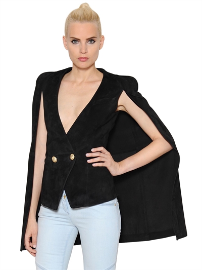 BALMAIN DOUBLE BREASTED SUEDE CAPE