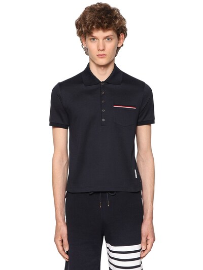 Thom Browne Cotton Piqué Polo W/ Striped Details In Navy