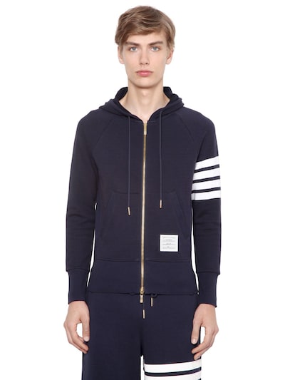 Shop Thom Browne Zip-up Stripes Cotton Sweatshirt Hoodie In Navy