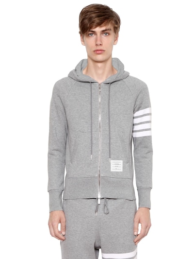 Shop Thom Browne Zip-up Stripes Cotton Sweatshirt Hoodie In Light Grey