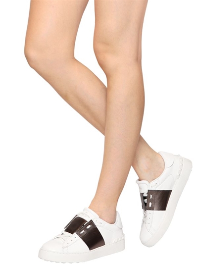 VALENTINO GARAVANI OPEN LEATHER SNEAKERS WITH METALLIC BAND, WHITE/GUNMETAL