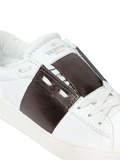 VALENTINO GARAVANI OPEN LEATHER SNEAKERS WITH METALLIC BAND, WHITE/GUNMETAL