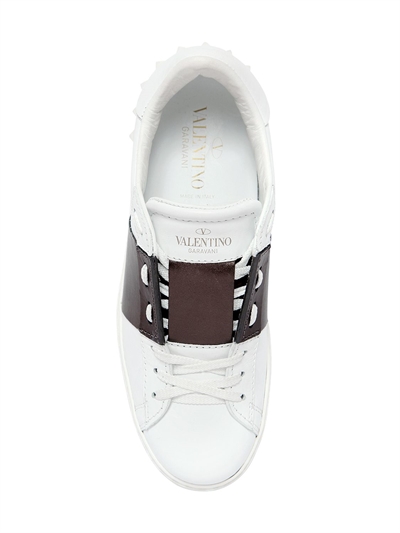 VALENTINO GARAVANI OPEN LEATHER SNEAKERS WITH METALLIC BAND, WHITE/GUNMETAL
