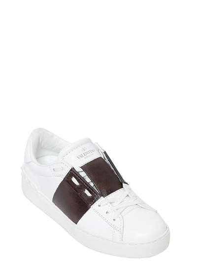 VALENTINO GARAVANI OPEN LEATHER SNEAKERS WITH METALLIC BAND, WHITE/GUNMETAL