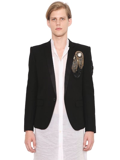 Balmain Embroidered Cotton Jacket, Black In Black