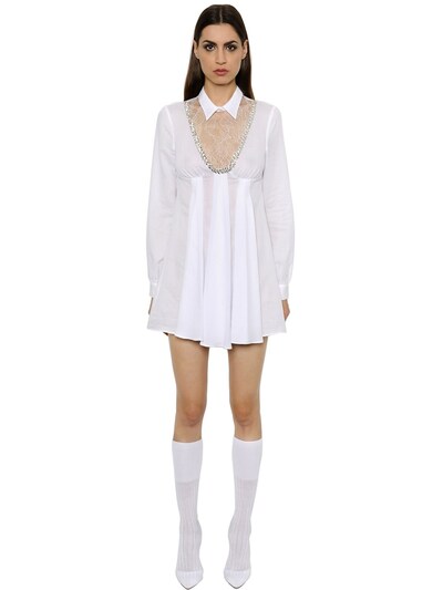 Francesco Scognamiglio Embroidered Muslin Dress W/ Lace Insert In White