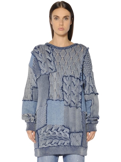Stella Mccartney Patchwork Cotton Knit & Denim Sweater In Grey/denim Blue