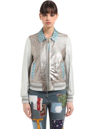 Tommy Hilfiger Laminated Leather Bomber Jacket In Silver