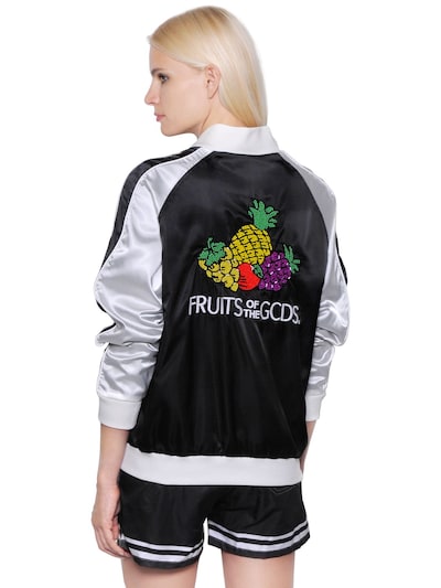 Gcds Fruits Embroidered Satin Bomber Jacket In Black