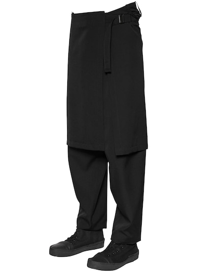 Yohji Yamamoto Wool Gabardine Pants W/ Detachable Skirt In Black