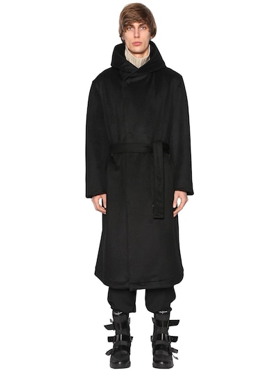 Yohji Yamamoto Hooded Flannel Wool Long Coat In Black