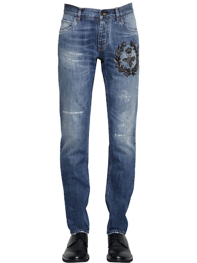 Dolce & Gabbana 17cm Bee Embroidered Denim Jeans In Blue