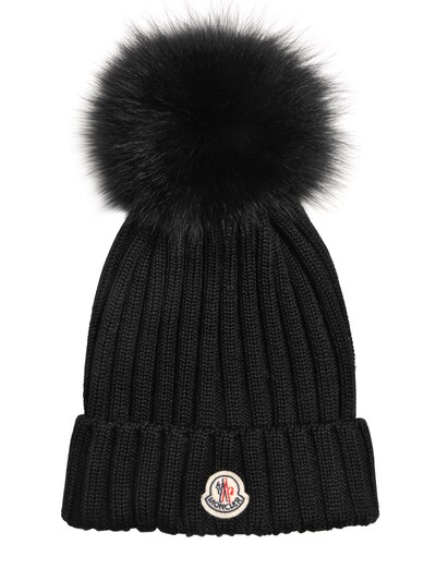 Moncler Wool Knit Beanie Hat W/ Fox Pompom In Black