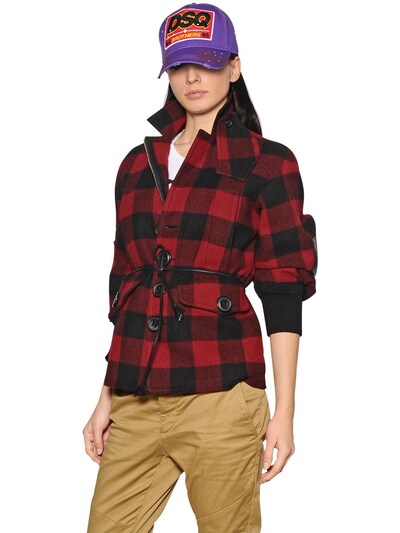 Dsquared2 Checked Wool Cloth & Leather Jacket In Red/black