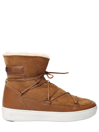 Moon Boot Pulse Low Suede & Shearling Boots In Light Brown