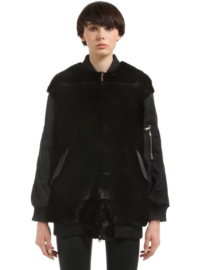 Blancha Oversized Mink Fur & Nylon Bomber Jacket In Black