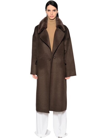 Yves Salomon Oversized Wool Blend Coat W/ Mink Fur In Oil