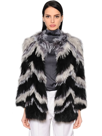 Yves Salomon Chevron Fox Fur Jacket In White/black