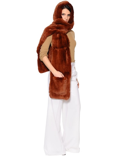 Yves Salomon Rex Rabbit Fur Hooded Scarf W/ Pockets In Brown