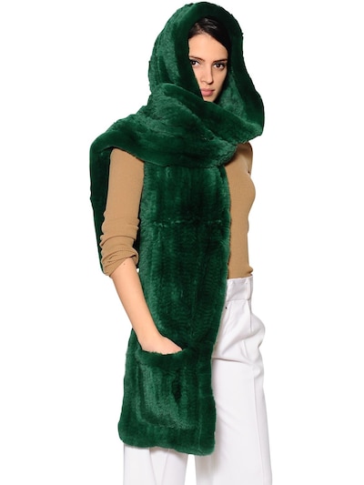 Yves Salomon Rex Rabbit Fur Hooded Scarf W/ Pockets In Green