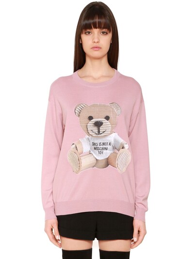 Moschino Wool Knit Jumper W/ Cardboard Bear In Pink
