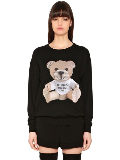 Moschino Wool Sweater Dress W/ Cardboard Bear In Black