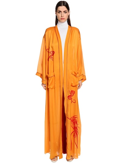 Vionnet Paradise Bird Silk Satin Coat In Orange/red