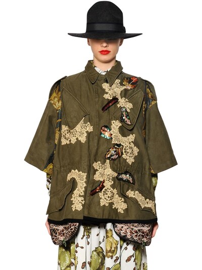 Antonio Marras Floral Embroidered Cotton Parka In Military Green