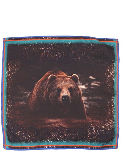 Etro Bear Printed Silk Satin Pocket Square In Brown